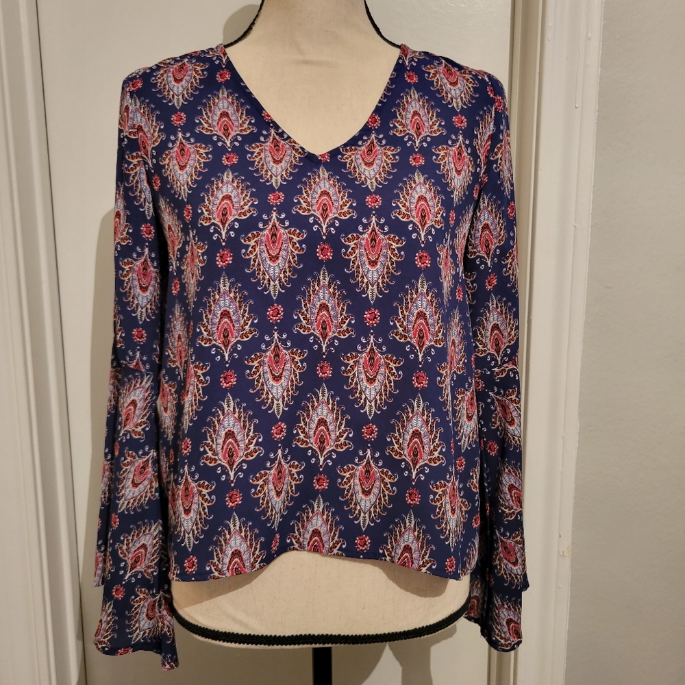 The Impeccable Pig Crop Top Womens Size XS Blue Red Paisley Flared sleeves EUC.